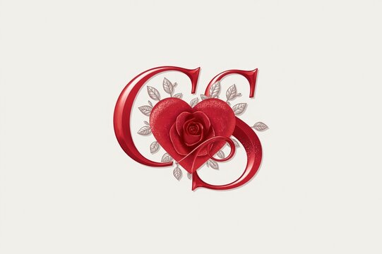 Red CS monogram, rose heart, leaves, white background, wedding invite