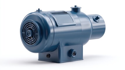 Blue, cylindrical electric motor with a cooling fan, mounted on a white surface