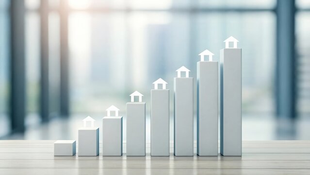 Interactive 3D bar graph with floating property symbols representing market value growth
