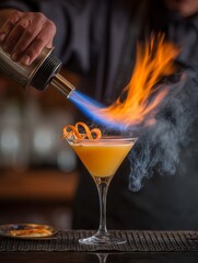 Close-up of bartender’s hand torching a cocktail, releasing smoke over orange peel garnish