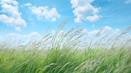 Fototapeta premium Wind Blowing Through Silver Grass Under Blue Sky 