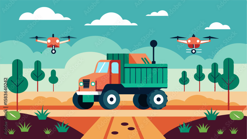 Aufkleber an illustration of a large farm vehicle equipped with drones and ai technology efficiently surveying