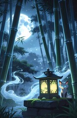 Mystical Forest Scene with Fox, Lantern, and Glowing Moonlit Atmosphere
