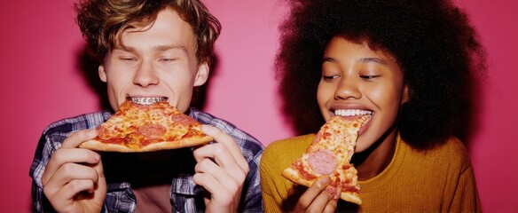 The joyful moment of friends sharing delicious pizza together.