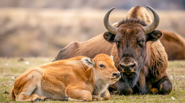 A close-up photograph of a bison mother and her calf resting in a grassy field