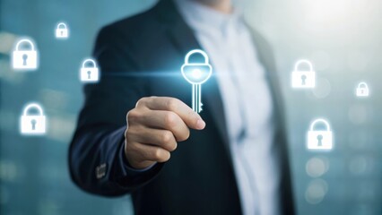 Figure holding digital key illuminating floating data blocks — AI safeguarding sensitive information
