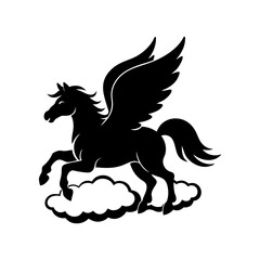 pegasus flying through clouds vector art silhouette