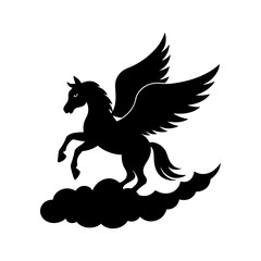 pegasus flying through clouds vector art silhouette