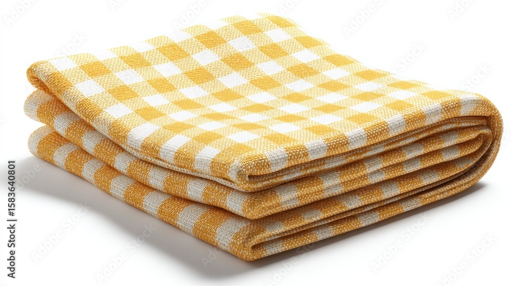 Poster a neatly folded stack of three yellow and white checkered fabric squares, casting a shadow on a whit
