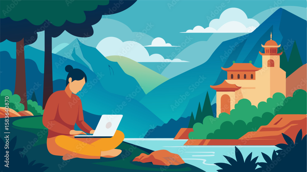 Poster the gentle sound of a nearby waterfall provides the perfect background noise for a digital nomad wor