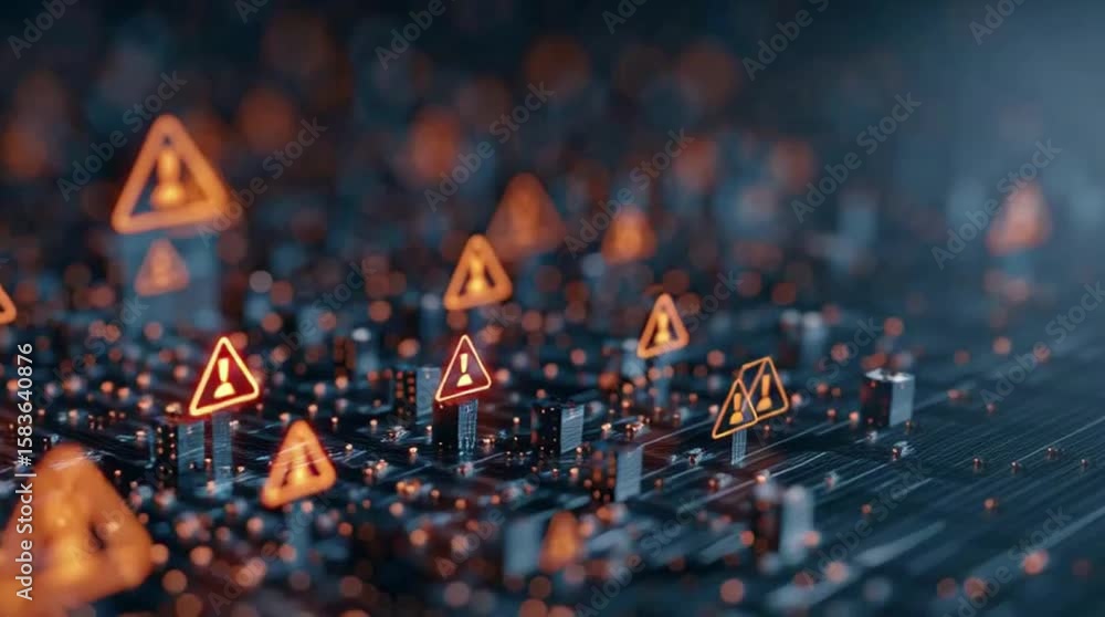 Poster digital warning symbols over virtual profiles on dark background