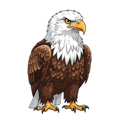 Obraz premium Cartoon illustration of a majestic bald eagle standing, with its characteristic white head and brown body feathers.