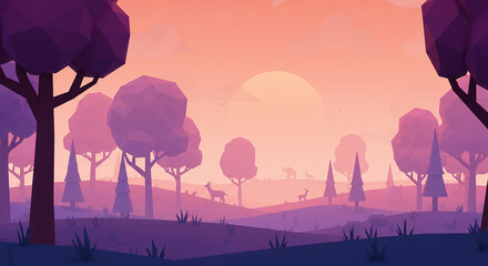 Low Poly Sunset Forest: A serene low-poly landscape depicting a tranquil forest at sunset, featuring stylized trees and deer silhouetted against a vibrant, gradient sky.