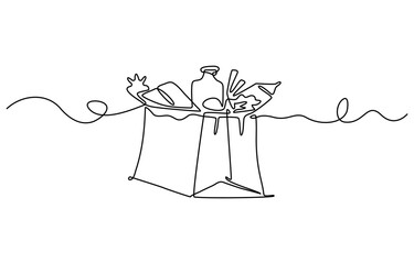 Continuous one line drawing of fresh food on paper grocery bag. Grocery paper bag in single line draw illustration. Editable stroke.