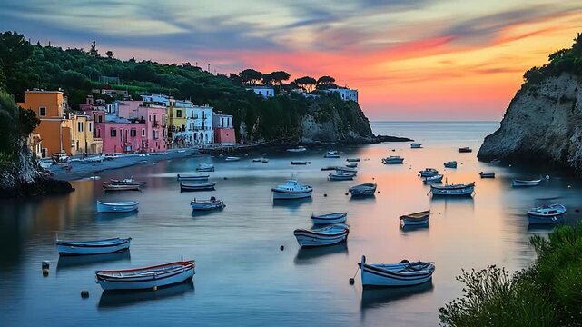 Serene Coastal Village at Sunset: Boats, Colorful Buildings, and Tranquil Waters