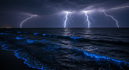 Ocean Lightning Storm: A breathtaking view of multiple lightning strikes illuminating the dark ocean waves, glowing bioluminescent water adding ethereal glow.