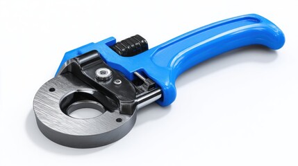 Fototapeta premium A blue-handled metal pipe cutter tool with an opening, on a plain white surface in detailed focus