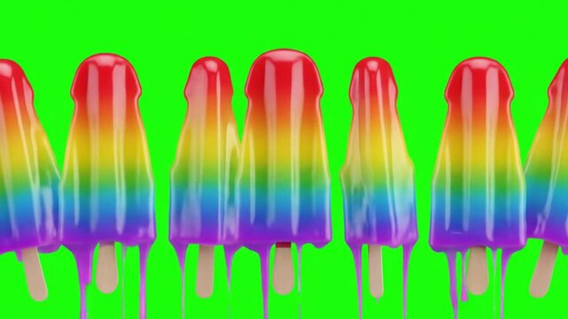 Rainbow popsicles dropping green background