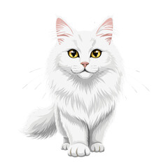 A fluffy, white cat with yellow eyes, standing and looking forward.
