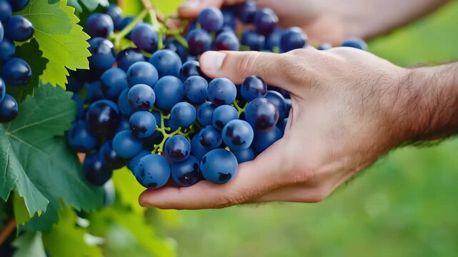 grape hand picking organic harvest. Freshly harvested grapes held in hands surrounded by greenery.	

