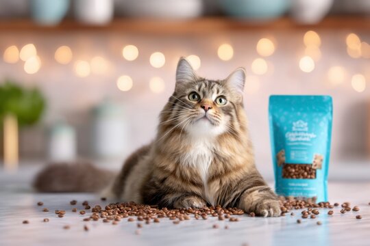 A fluffy tabby cat lies on the floor surrounded by scattered coffee beans with a blue coffee bag in the background and cozy string lights blurred behind.