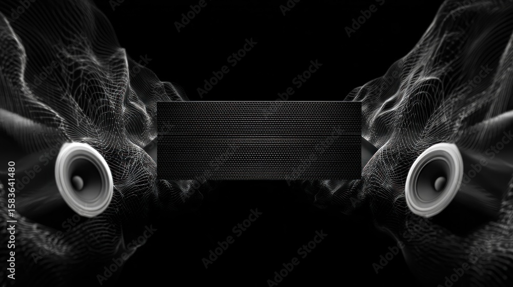 Poster abstract black and white composition features a rectangular object with speakers flanking it, amidst