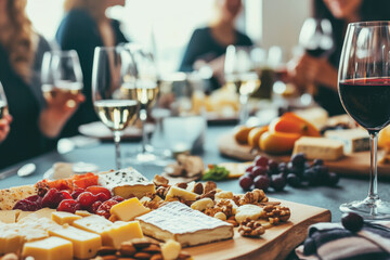 Delicious cheese and wine platter in the restaurant, with group of friends enjoying wine tasting party in the background