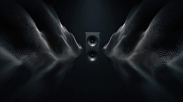 A central speaker with dual drivers is framed by wave-like textures, all rendered in shades of grey against a dark backdrop