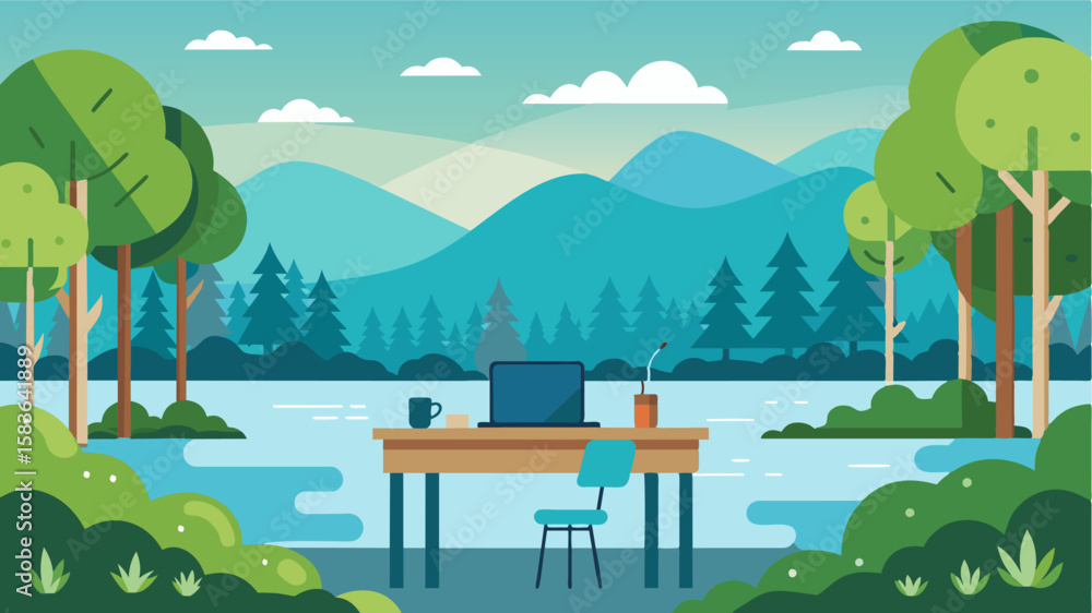Poster surrounded by tall trees and calming waters the freelancers lakeside desk allowed for a refreshing c