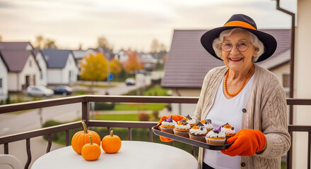 Elderly woman in hat holding Halloween cupcakes