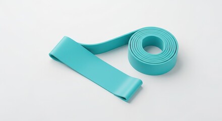 A turquoise resistance band partially rolled on white