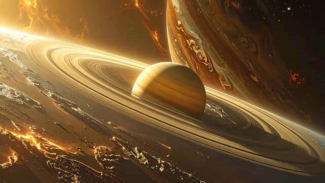 Witness the breathtaking beauty of Saturn's majestic rings and celestial bodies in this stunning cosmic panorama, a symphony of colors and forms that ignites the imagination.