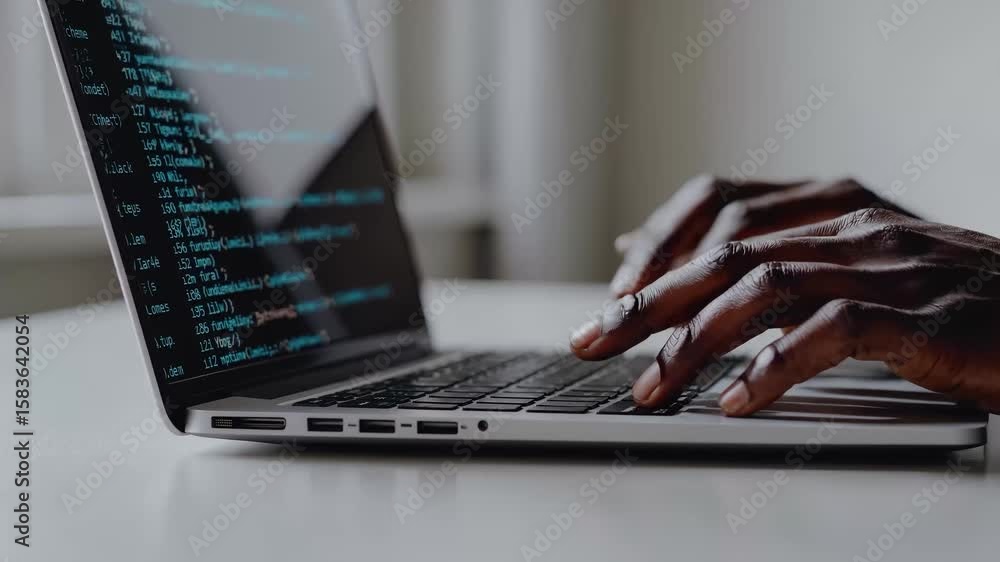 Poster person typing on laptop. a laptop typing code on a keyboard. male programmer with his hands on a com