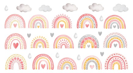Pastel rainbows hearts clouds pink yellow