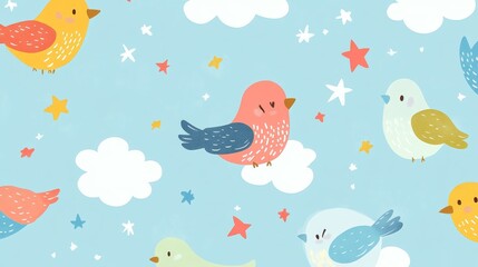 Whimsical pattern of adorable tiny birds floating among clouds in a playful aesthetic environment