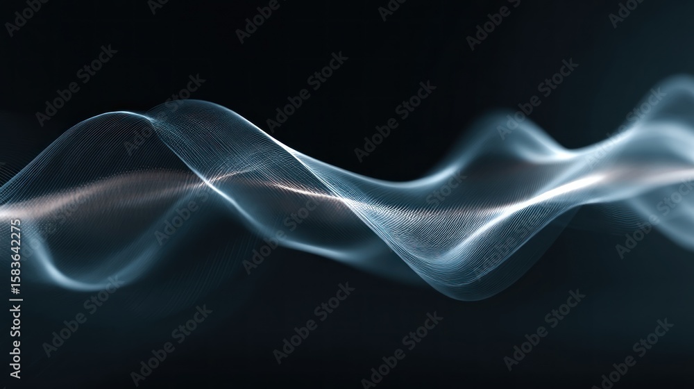 Poster abstract wave of light, elegant flowing form, ethereal and translucent against a dark backdrop, soft