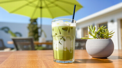 A close-up photograph of an iced matcha latte in a tall clear glass on a wooden table.