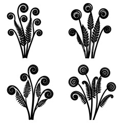 Four stylized fern illustrations with spiral details in black and white botanical arrangement design element