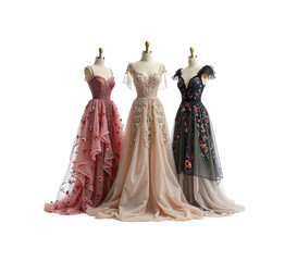 Three Elegant Dresses with Layered Designs and Unique Prints on white Background
