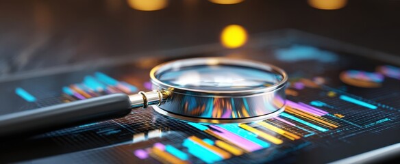 The magnifying glass examining data and analytics on a digital tablet screen.