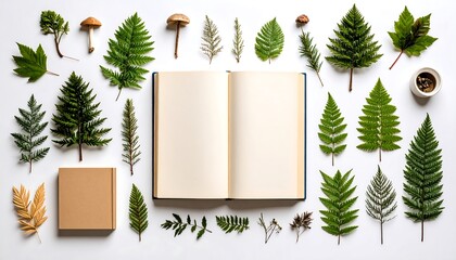 Fototapeta premium Open book surrounded by pressed leaves and fungi