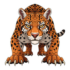 A detailed illustration of a jaguar poised and ready to pounce, looking directly at the viewer.