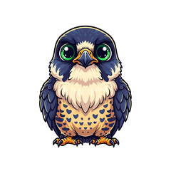 Fototapeta premium Cartoon illustration of a cute, stylized falcon with big green eyes, dark blue plumage, and a light yellow chest with dark spots.