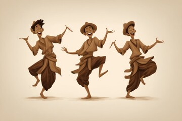 Three joyful dancers in sepia tones, dynamic poses