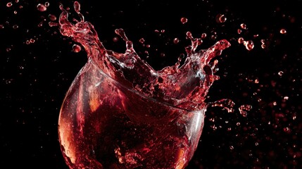 A vibrant splash of red liquid in a glass against a dark background, showcasing dynamic motion and energy.