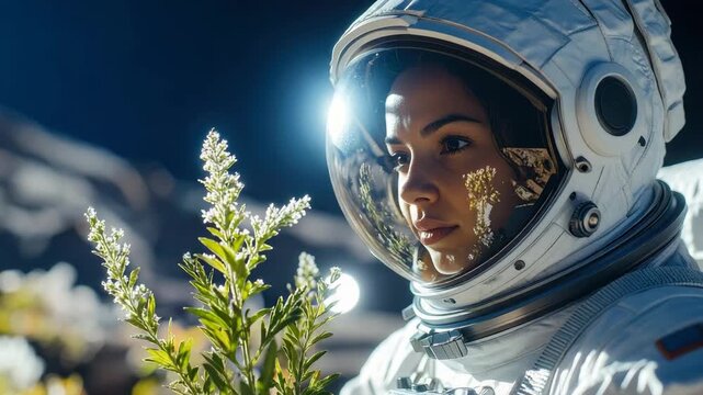 Female astronaut gazes at Earth flora on an alien planet surface