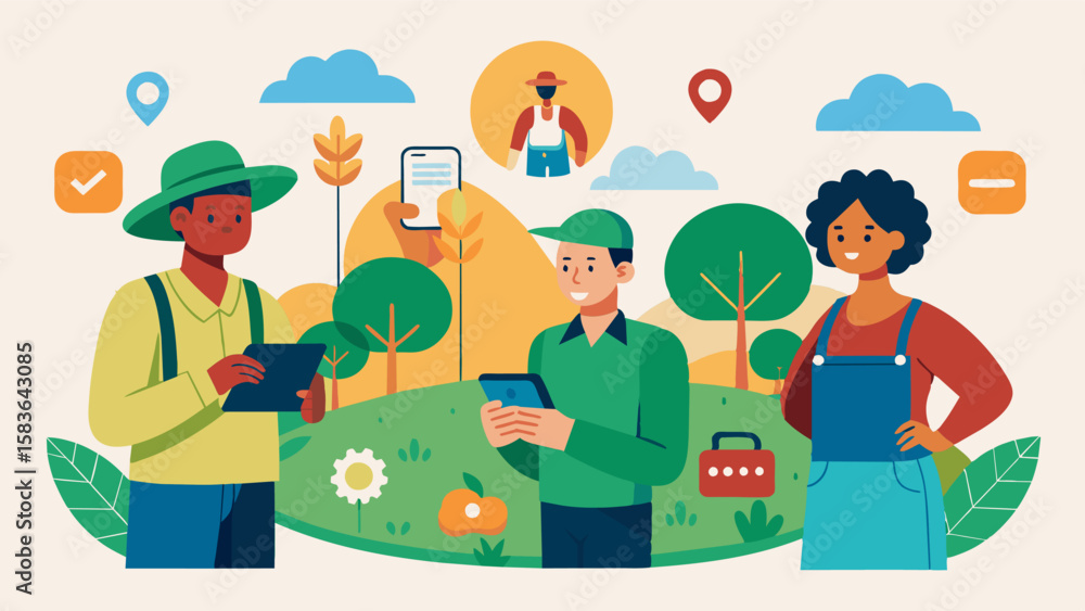 Poster an illustration of a farmer collaborating and sharing data with other farmers in their area through 