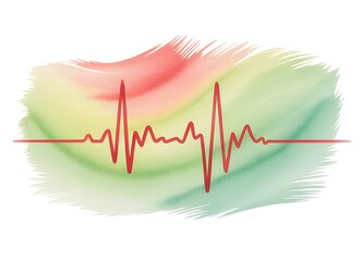 Red heartbeat line on green and red watercolor splash