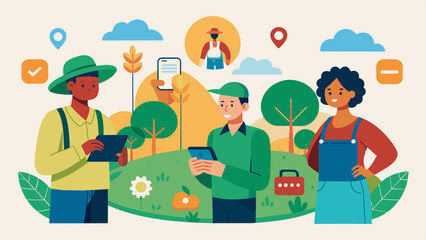 An illustration of a farmer collaborating and sharing data with other farmers in their area through a communitybased remote farm management app.. Vector illustration