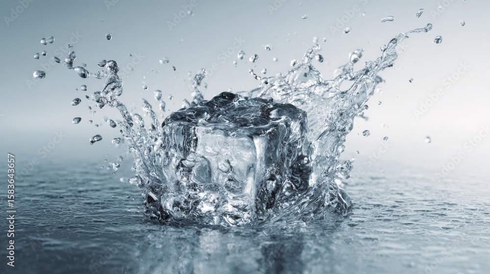 Poster a vivid splash of water as an ice cube drops, creating dynamic ripples in a serene environment.